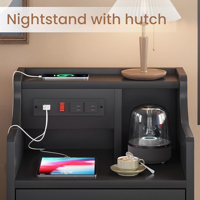 ADORNEVE Nightstand with Charging Station,Black Night Stand for Bedroom,End Table with Hutch & Storage Drawers