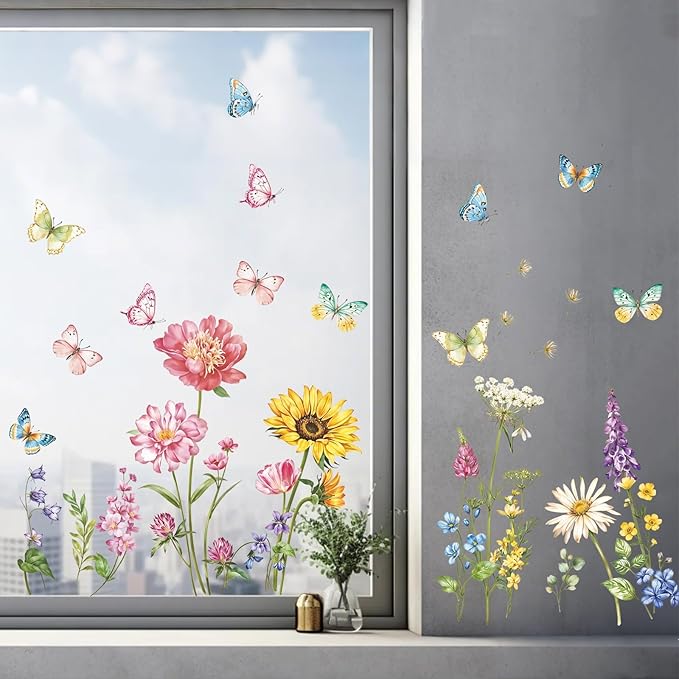 Butterfly & Flower Wall Decals Removable Peel and Stick Flower Wall Stickers for Girls Room, Bedroom, Living Room Nursery Decor