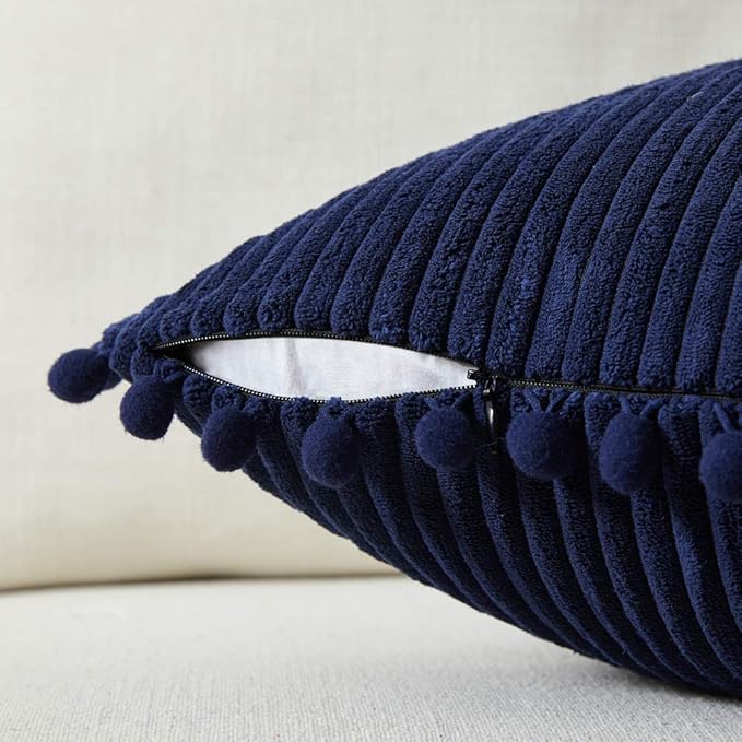 Fancy Homi Pack of 2 Boho Lumbar Decorative Throw Pillow Covers with Pom-poms, Soft Corduroy Solid Rectangle Cushion Cases Set for Couch Sofa Bedroom Car Living Room (12x20 Inch/30x50 cm, Navy Blue)
