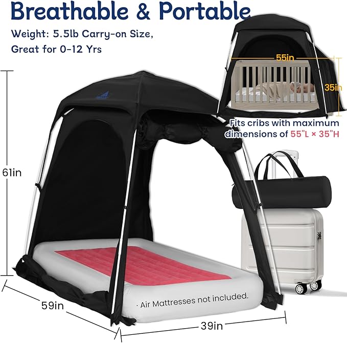 Baby Blackout Tent Fits Crib, Pack N Play, Toddler Travel Bed & Kids Cot, CPC Certified Sleep Pod with Fan Pocket 2 Mesh Doors, Breathable & Quiet Design, Easy Setup & Portable