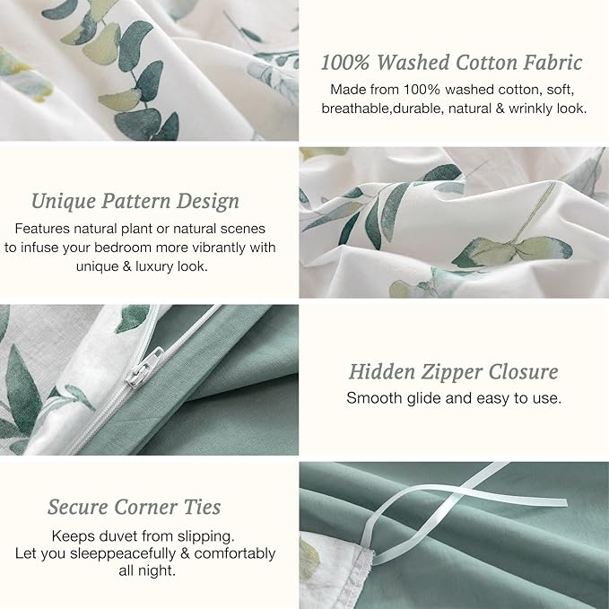 MILDLY Duvet Cover Twin Size - 100% Washed Cotton Sage Green Eucalyptus Reversible Floral Duvet Cover Set 2 Pieces with Zipper Closure Corner Ties