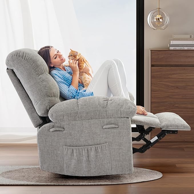 Swivel Recliner Chair, Upholstered Fabric Comfy Rocking Chair, Sturdy Q235 Steel Frame Nursery Glider, 300 LBS Capacity, for Small Spaces, Living Room, Bedroom, Light Grey