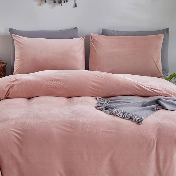 Houseri Pink Duvet Cover Queen Fluffy Light Pink Velvet Bedding Set Full Girls Blush Pink Duvet Cover Flannel Fuzzy Dusty Pink Bedding Duvet Covers Women Micromink Sherpa Plush Pink Bedding Sets Queen