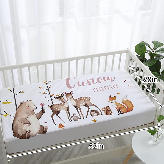 Custom Baby Crib Bedding Set - Fox Sika Deer Design Personalized Name Baby Nursery Bedding 3 Pcs Set - Chic Soft Blanket, Fitted Sheet, Room Rug for Newborns Boys Girls Gifts