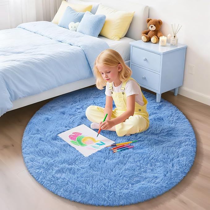 EVOIONOS Cobalt Blue‌ Round Rug for Bedroom, 4x4 Ft Fluffy Soft Circle Area Rugs for Living Room, Plush Shaggy Circular Indoor Floor Bedside Kids Nursery Carpet, Machine-Washable Home Decor Aesthetic