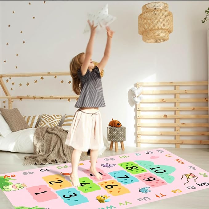 Cute Soft Educational Hopscotch Kids Room Rug with Numbers ABC Alphabet, Washable Pink Girls Play & Learning Rugs for Bedroom Playroom Classroom, Toddler Baby Play Area Nursery Carpet Rug 63"x31.5"