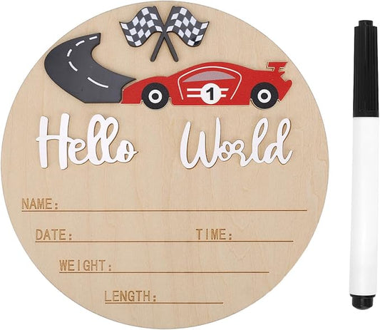 Baby Announcement Sign, 15cm/5.91in Wooden Hello World Newborn Bulletin Board with Pen Race Car & Checkered Flag Decor Welcome Birth Name Plaque for Home Hospital Nursery