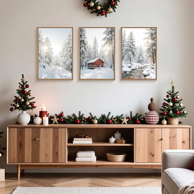 FWIEXA Christmas Winter Canvas Wall Art Set 3, Red Cabin Snowy Forest Framed Prints, Pine Tree Stream Landscape Paintings, 24x36In Country Barn Artwork for Holiday,Gift,Living Room,Bedroom,Farmhouse