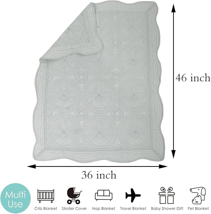 MONOBLANKS Baby Quilt Personlized Monogram Lightweight Embossed Scalloped Throw Blanket Four Seasons (Gray)