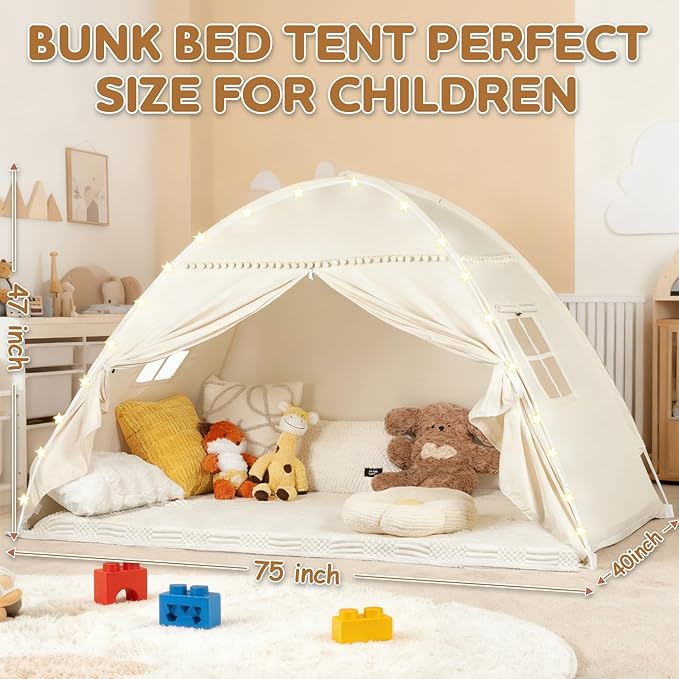 Twin Bunk Bed Tent Canopy for Playhouse, Indoor Portable Foldable Privacy Shelter with Breathable Starry Canopy for Girls & Boys Bedrooms (Twin Beige)
