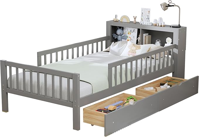 Wood Twin Size Platform Bed with Safety Fence for Kids Boys Girls, Platform Bed Frame with Practical Headboard and 2 Under-Bed Drawers, Sturdy Slats Support (Gray-3.15)