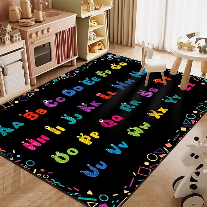 Cartoon Alphabet Area Rugs, 5x8ft, Colorful Printed Children's Classroom Carpet, Cozy Low Pile Soft Non-Slip Carpets, Durable Fade Resistant Absorbent Kids Rug for Bedroom Hallway