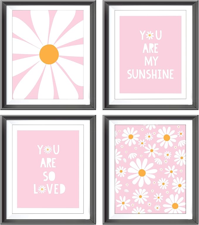 AEHIE Boho Pink Daisy Flower Decor Wall Art Print, You Are My Sunshine Poster for Baby Girls Room Nursery, Bohemian Wall Decor, 4pcs