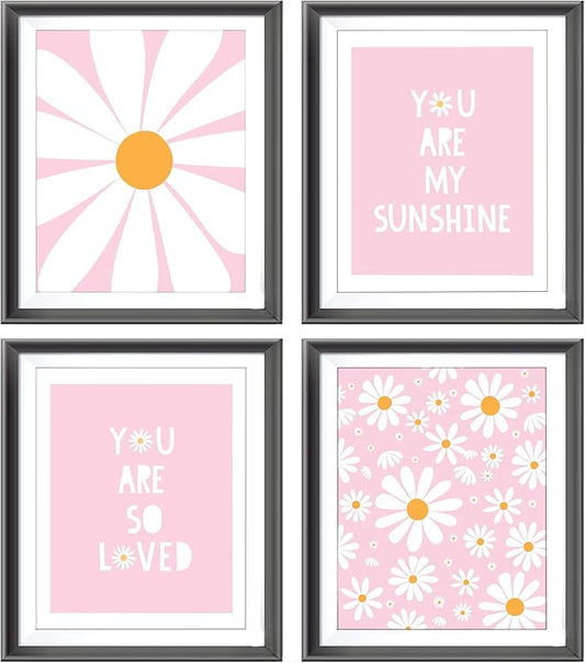 AEHIE Boho Pink Daisy Flower Decor Wall Art Print, You Are My Sunshine Poster for Baby Girls Room Nursery, Bohemian Wall Decor, 4pcs