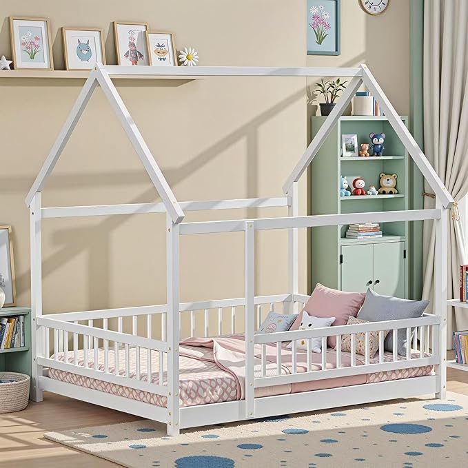 LLS Full Size Montessori Floor Bed Frame with Slats and Fence, Wooden House Bed for Boys Girls Bedroom, White