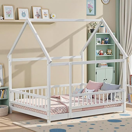 LLS Full Size Montessori Floor Bed Frame with Slats and Fence, Wooden House Bed for Boys Girls Bedroom, White
