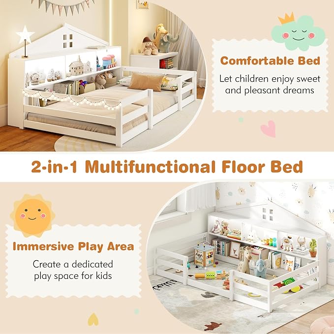 KOMFOTT Twin Floor Bed with Bookcase & LED Light, Wood Bed Frame with Bedside Bookshelves & Guardrails, Versatile 2-in-1 Montessori Floor Bed for Kids (Twin with Led Light,White)