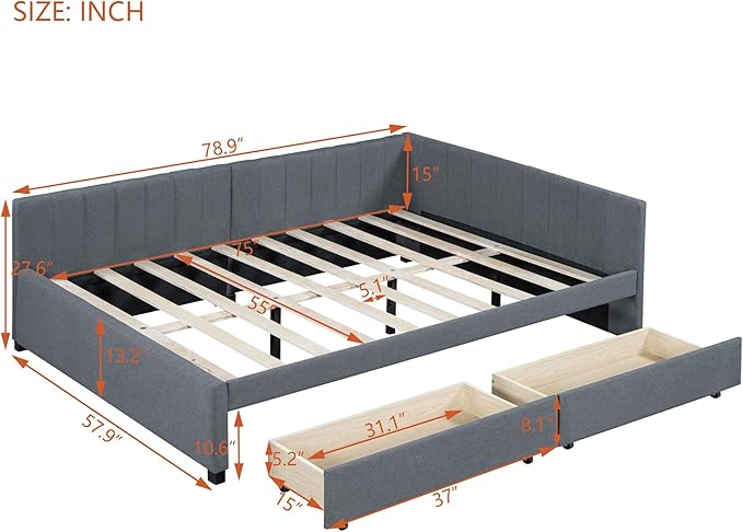 Harper & Bright Designs Full Size Upholstered Daybed with 2 Storage Drawers Sofa Bed Frame for Boys Girls Kids Adults Toddler No Box Spring Needed, Linen Fabric (Gray)