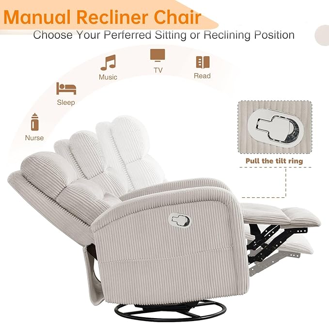 Swivel Recliner Chair for Adult, Upholstered Rocker Recliner Glider for Nursery, Manual Comfort Rocking Recliners for Living Room, Bedroom, Corduroy Camel