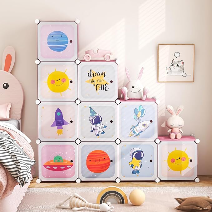 INFANS Children Wardrobe, Kid Closet Portable Baby Dresser Cute for Kids Bedroom Nursery Armoire with Doors 12 Cube 2 Hanging Sections, Kid Clothes Storage Organizer (Pink, 12 Cubes)