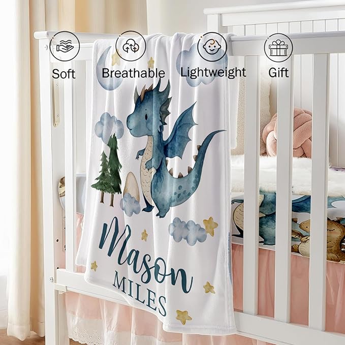 Custom Baby Crib Bedding Set - Blue Dinosaur Design Personalized Name Baby Nursery Bedding 3 Pcs Set - Chic Soft Blanket, Fitted Sheet, Room Rug for Newborns Boys Girls Gifts