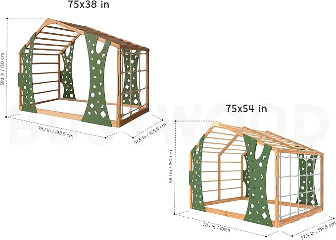 2-in-1 Montessori Bed with Wooden Play Gym for Home Activities, Made in Europe 75 x 38 Twin Floor Bed, 5 Colors Space Saving House Bed Combined with Toddler Gym for Boys&Girls, Water Based Paint Used