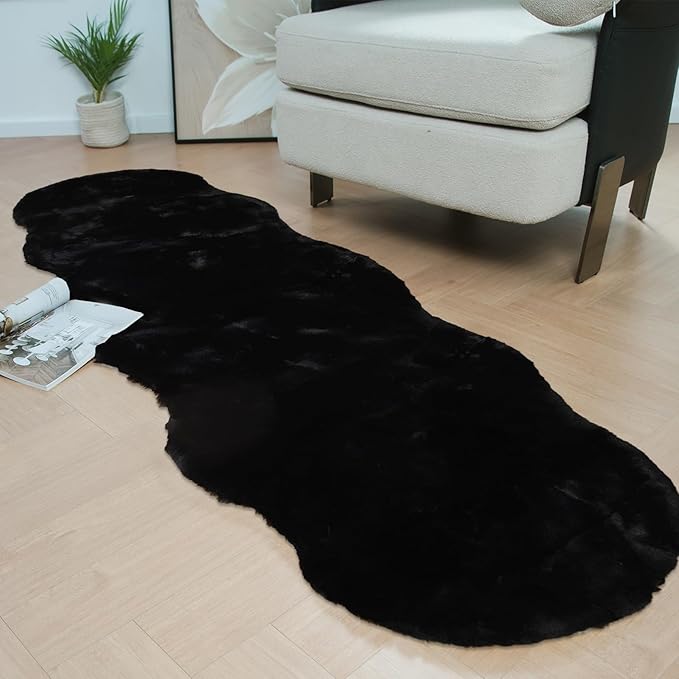 Latepis Black Carpet Area Rugs Runners 2x6 Faux Rabbit Fur Fluffy Shag Rug Washable Furry Rug for Living Room Bedroom Nursery Floor Rugs Room Carpet Sheepskin