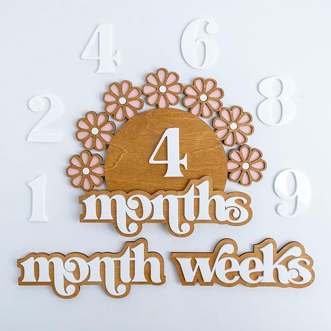 Wooden Baby Monthly Milestone Set, Floral Baby Age Tracker with Numbers and Months Weeks Signs, 3D Layered Wood Photo Prop for Newborn Monthly Pictures, Cute Floral Nursery Keepsake