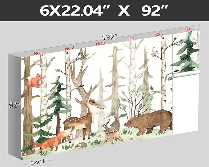 XMPMBM-Cartoon Hand-Painted Animals Woodland Nursery Room Fabric Wallpaper Graffiti Pine Forest Kids Gaming Room Wall Mural-W 132" X H 92"（93 Square Foot）