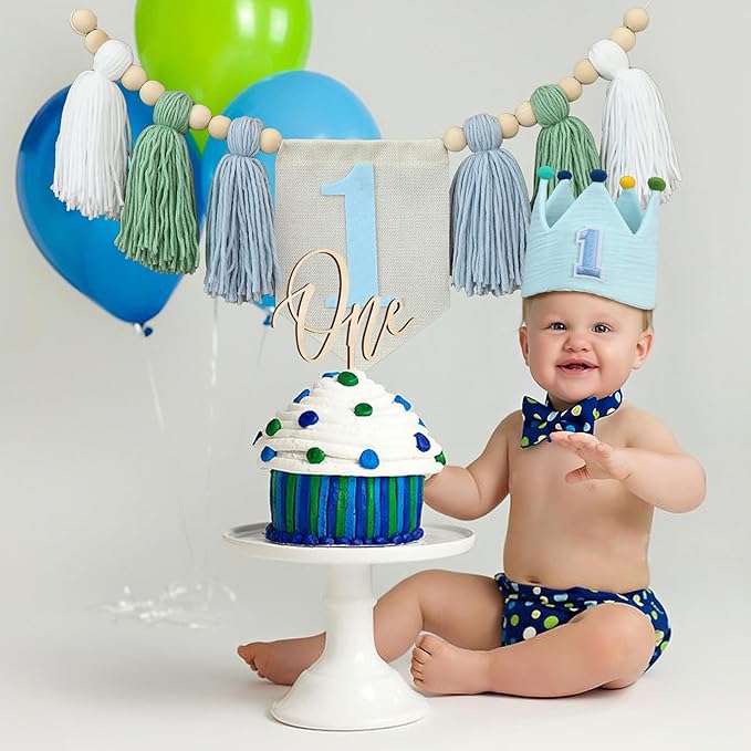 Baby 1st Birthday Party Decorations For Handmade Tassel Garland Highchair Banner With One Cake Topper Blue Crown Hat