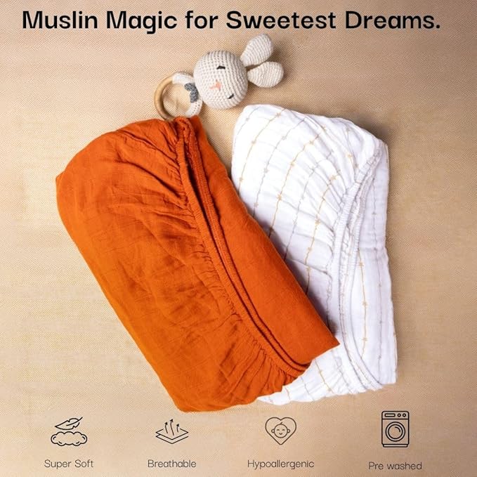 Salt Earth 100% Organic Cotton Muslin Standard Fitted Crib Sheet, 52"x28", 2 Pack Soft Breathable Natural Cotton Sheets Baby Mattress Bed Sheets, No Slip Neutral Baby Crib Sheet (Rust & Gold Star)