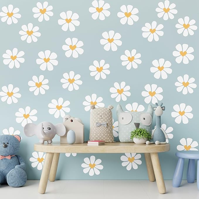 6 Sheet Daisy Wall Stickers White Heart Daisy Decals Peel and Stick Flower Wall Stickers White Flower Decals Floral Wallpaper for Bedroom Nursery Playroom Home Decor