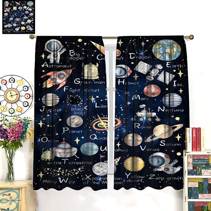 Cartoon Kids Alphabet Astronaut Curtain，Retro Cute Cosmic Galaxy Letter Printed Rod Pocket Blackout Window Treatments for Boys Girls Bedroom Living Room School 42" W X 54" L