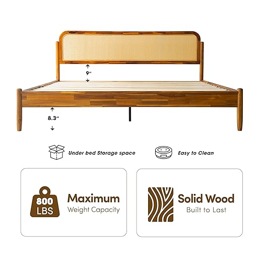 King Size Bed Frame Solid Wood Platform Bed with Headboard & Footboard, 12 Sturdy Slatted Base, Metal Legs, No Box Spring Needed, Noise-Free & Slip-Free, Easy Assembly, Acacia Honey Finish, JMK-38