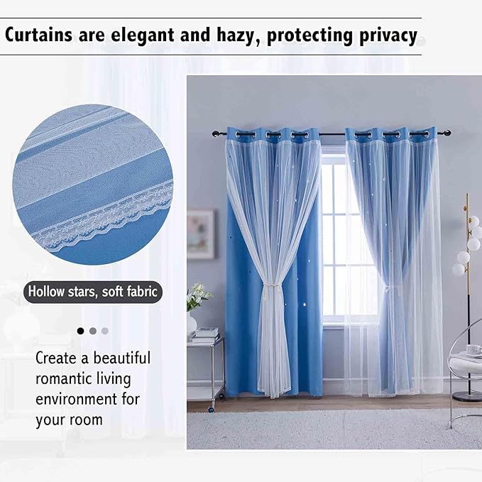 Anytime Girls Curtains for Bedroom Star Hollow Out Blackout Curtains for Kids Room Decor Double Layer Star Cut Out Window Curtains (2 Panel,W52 x L63,Blue)