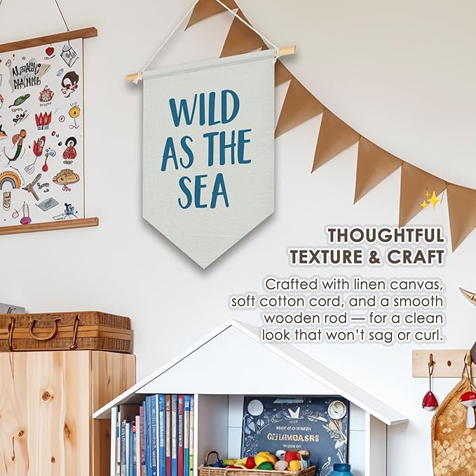 Wheatwin Ocean Nursery Decor, Wild As the Sea Blue Wall Hanging Pennant Flag Banner, Coastal Beach Wall Decor for Kids Boys Girls Toddler Nursery Room Bedroom Playroom 15x11 Inch