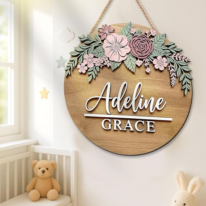 Personalized Wooden Nursery Sign with Engraved Name and Pink Flowers – Custom Baby Room Wall Decor and Keepsake Gift for Girls Baby Nursery Decor