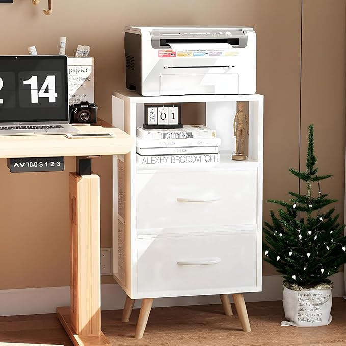 Night Stand, White Kids Nightstand with Fabric Drawers, Nursery Side Table with Open Storage, 3-Tier Modern End Table, Bedside Table for Small Space, Living Room, Bedroom