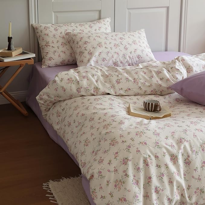 Vintage Style Pink Purple Floral Duvet Cover King 100% Cotton Chic Garden Floral Bedding Set Botanical Flower Comforter Cover with 2 Pillowcases Cottagecore Bedding Cover King with Zipper Closure