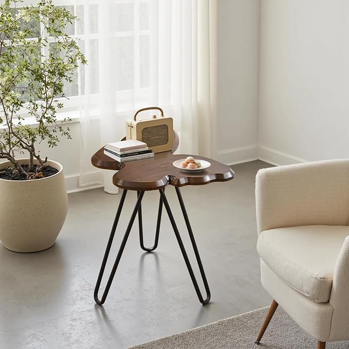Butterfly Accent Side Table, Walnut Brown MDF Wood Top & Black Hairpin Legs, Small Modern End Table，21.75" Tall for Living Room, Bedroom or Small Spaces