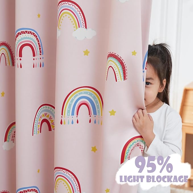 Vangao Boho Girls Blackout Curtains Pink for Kids Room 63 Inch Length, Rainbow Window Drapes for Living Room Nursery Thermal Grommet Insulated Room Darkening Curtains Bedroom, 2 Panels