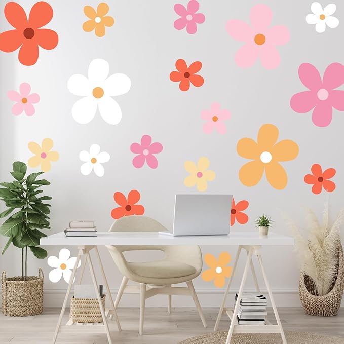 TaoBary 12 Sheets Daisy Wall Decal Flower Wall Sticker Cute Daisy Sticker Pink White Flower Decal Peel and Stick Floral Wallpaper for Nursery Bedroom Home Decor(Bright Color,Elegant Style)