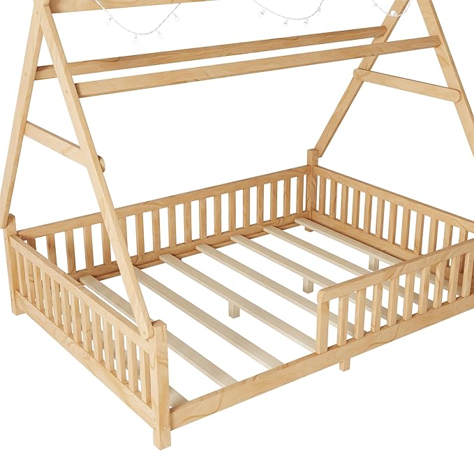 Full House Bed with Roof & LED Light, Low Profile House Bed with Fence, Safe Guardrails, DIY-Friendly for Boys & Girls, Solid Wood & MDF Construction, No Box Spring Required, Natural