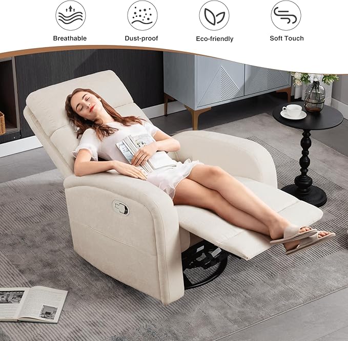 Nursery Rocking Recliners, 360° Swivel Glider Rocker Recliner with Double Pockets, Manual Nursery Glider Rocker Recliner for Living Room, Chenille White