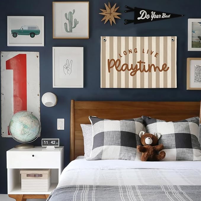 Playroom Decor, Long Live Playtime Wall Hanging Linen Banner, Blue Striped Wall Flag for Kids Room Nursery Playroom Decor, 20x30 Inch-Brown