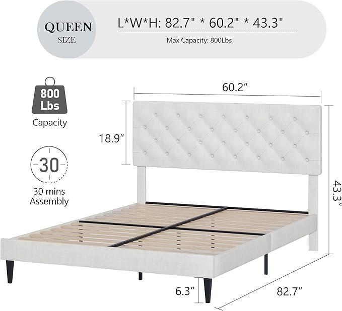 BarnFurin Queen Bed Frame, Upholstered Platform Bed with Button Tufted Headboard, Fabric Queen Size Beds with Wooden Slats Support, No Box Spring Required, Easy Assembly, White