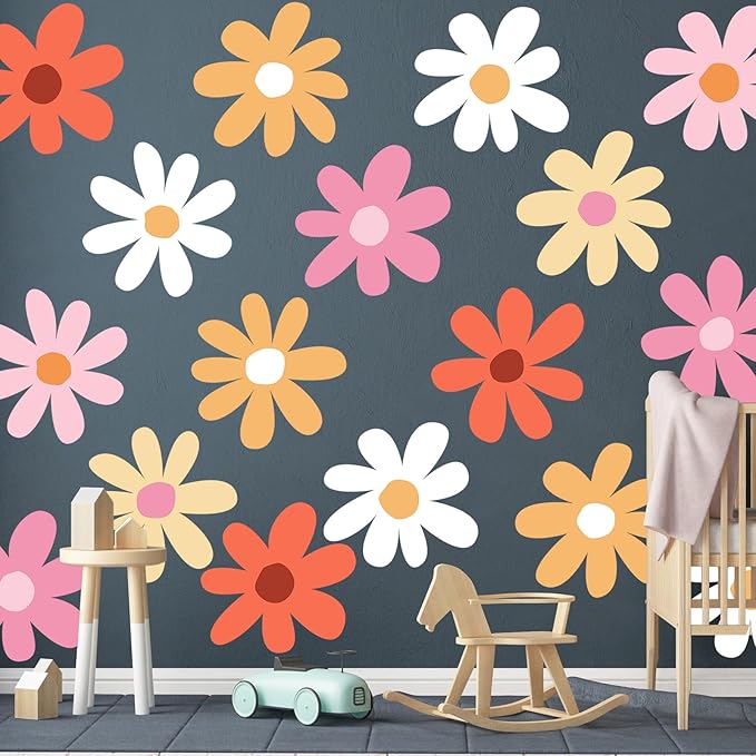 TaoBary 12 Sheets Daisy Wall Decal Flower Wall Sticker Cute Daisy Sticker Pink White Flower Decal Peel and Stick Floral Wallpaper for Nursery Bedroom Home Decor(Bright Color,Minimalist Style)