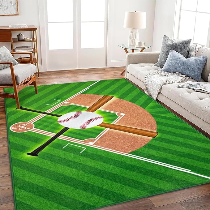 Washable Low Pile Baseball Rug 6x9- Sports Decor for Boys Room, Non-Slip Kids Bedroom Carpet, Durable Baseball Themed Floor Mat