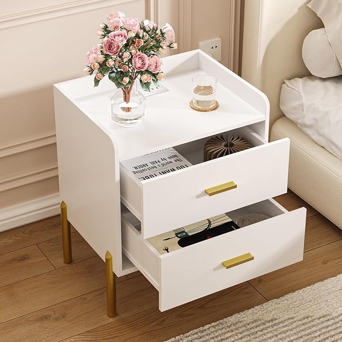 Vabches Nightstand with Built-in Charging Station, White Mid Century Modern Nightstand for Bedroom, Stylish End Tables for Lamps, Books