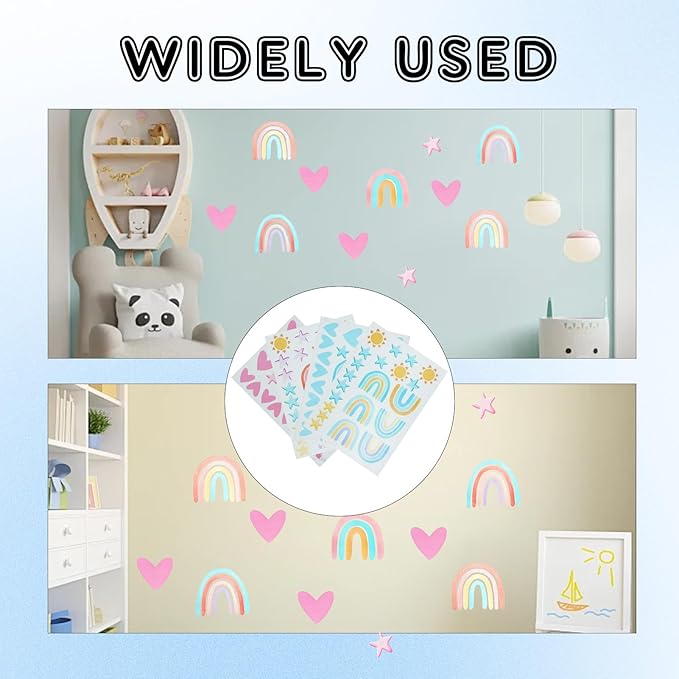 8 Pcs Rainbow Wall Decals, Watercolor Wall Stickers Large Size Art Peel and Stick, Nursery Kids Room Wallpaper Decor for Boys Girls Bedroom Playroom Classroom Mural Art Blue and Pink